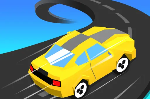Imagem do jogo Merge Racer - Stunts Car mostrando um carro amarelo em alta velocidade em uma estrada sinuosa, com destaque para a ação e dinâmica do jogo de fusão de carros.